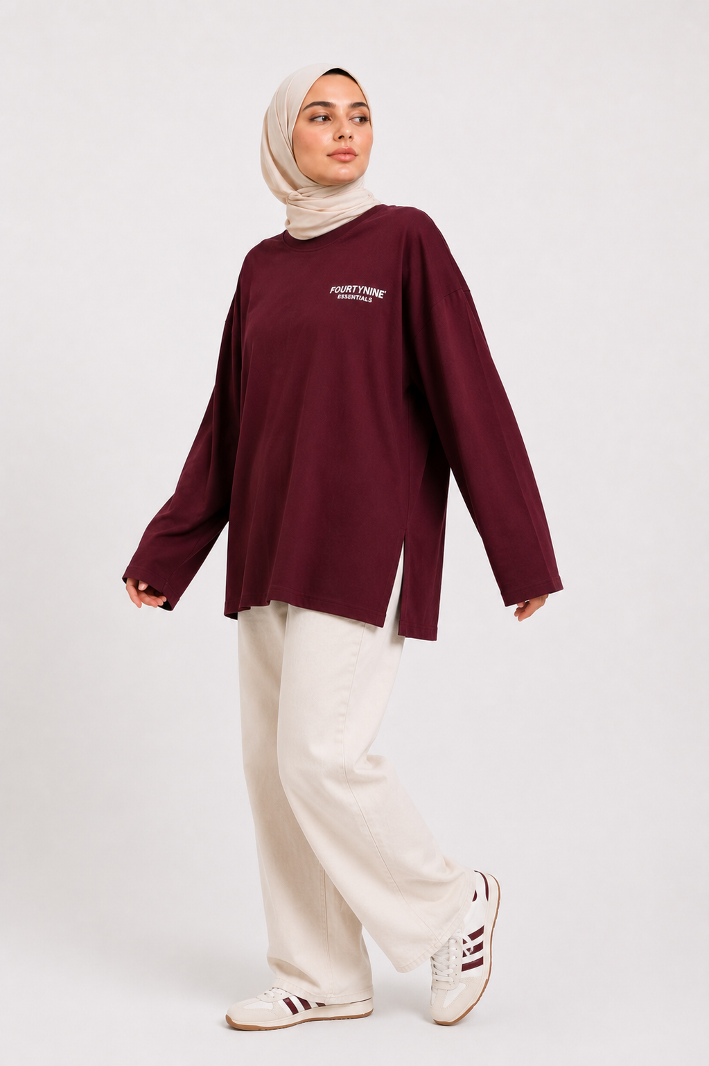 BURGANDY FOURTYNINE ESSENTIALS WOMEN LONG SLEEVE OVERSIZED T-SHIRT