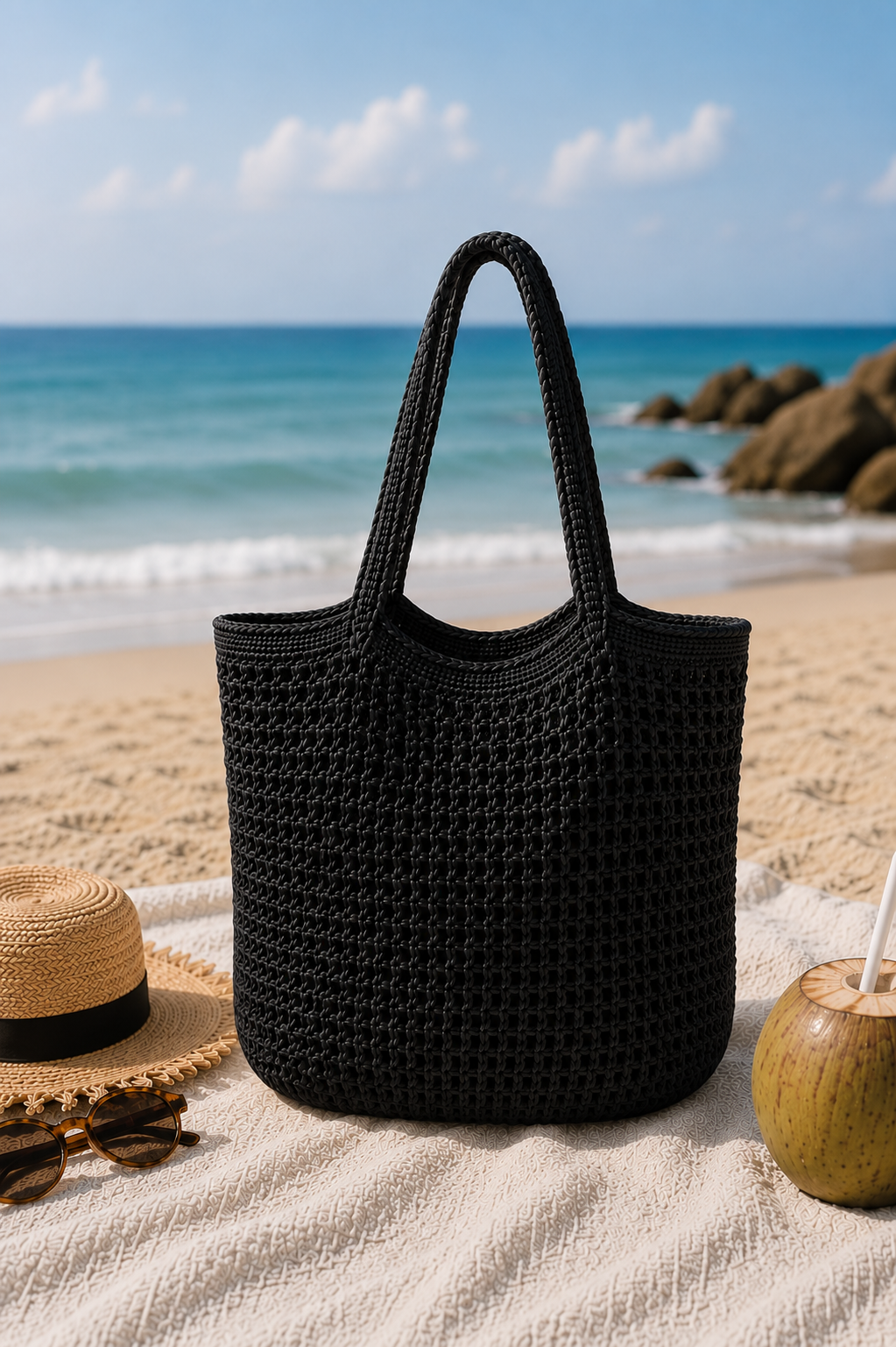 BLACK CROCHET TOTE BAG