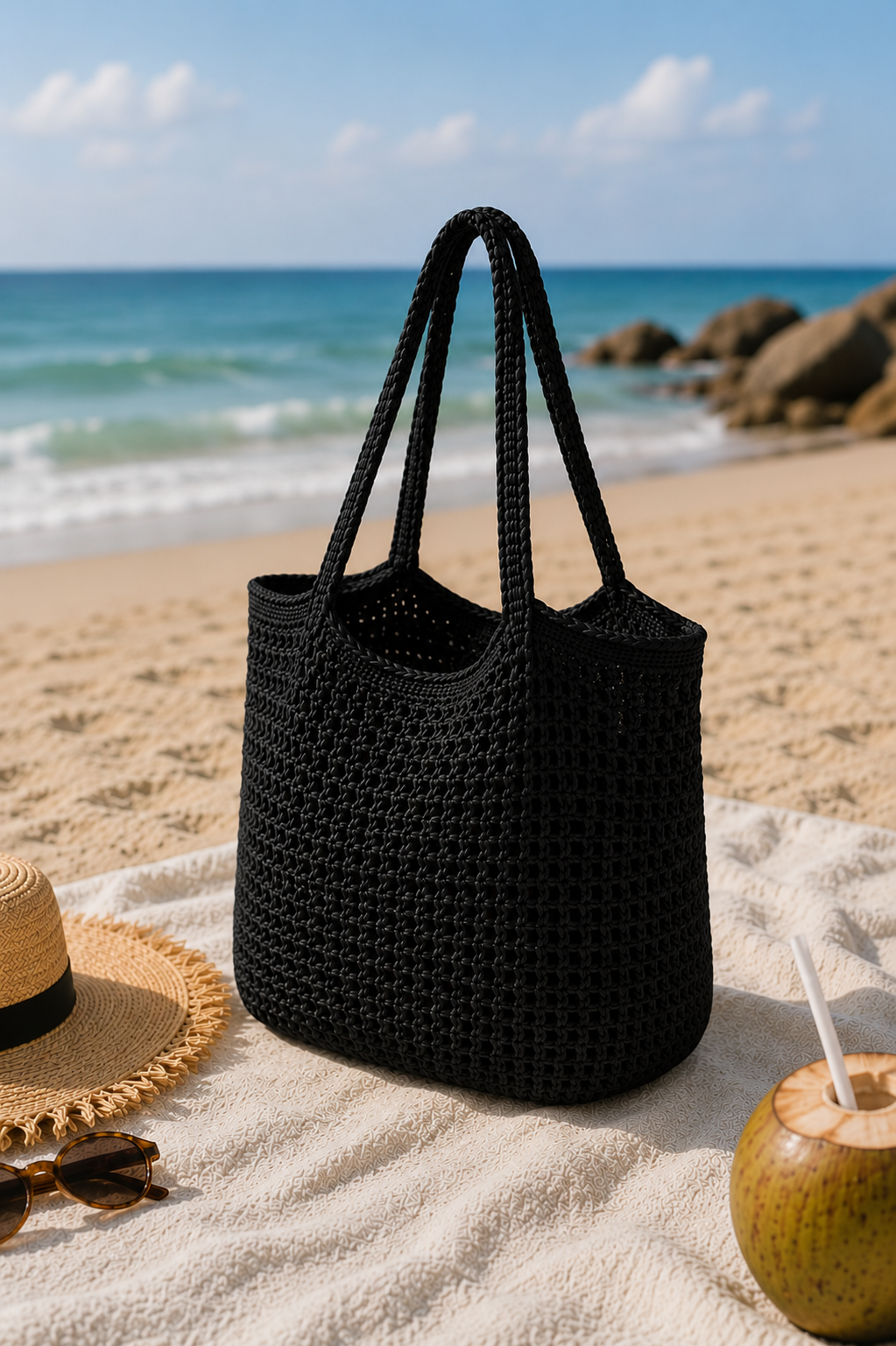 BLACK CROCHET TOTE BAG