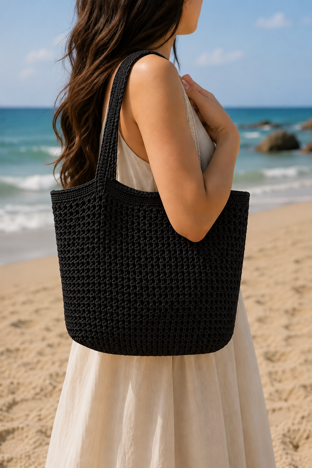 BLACK CROCHET TOTE BAG