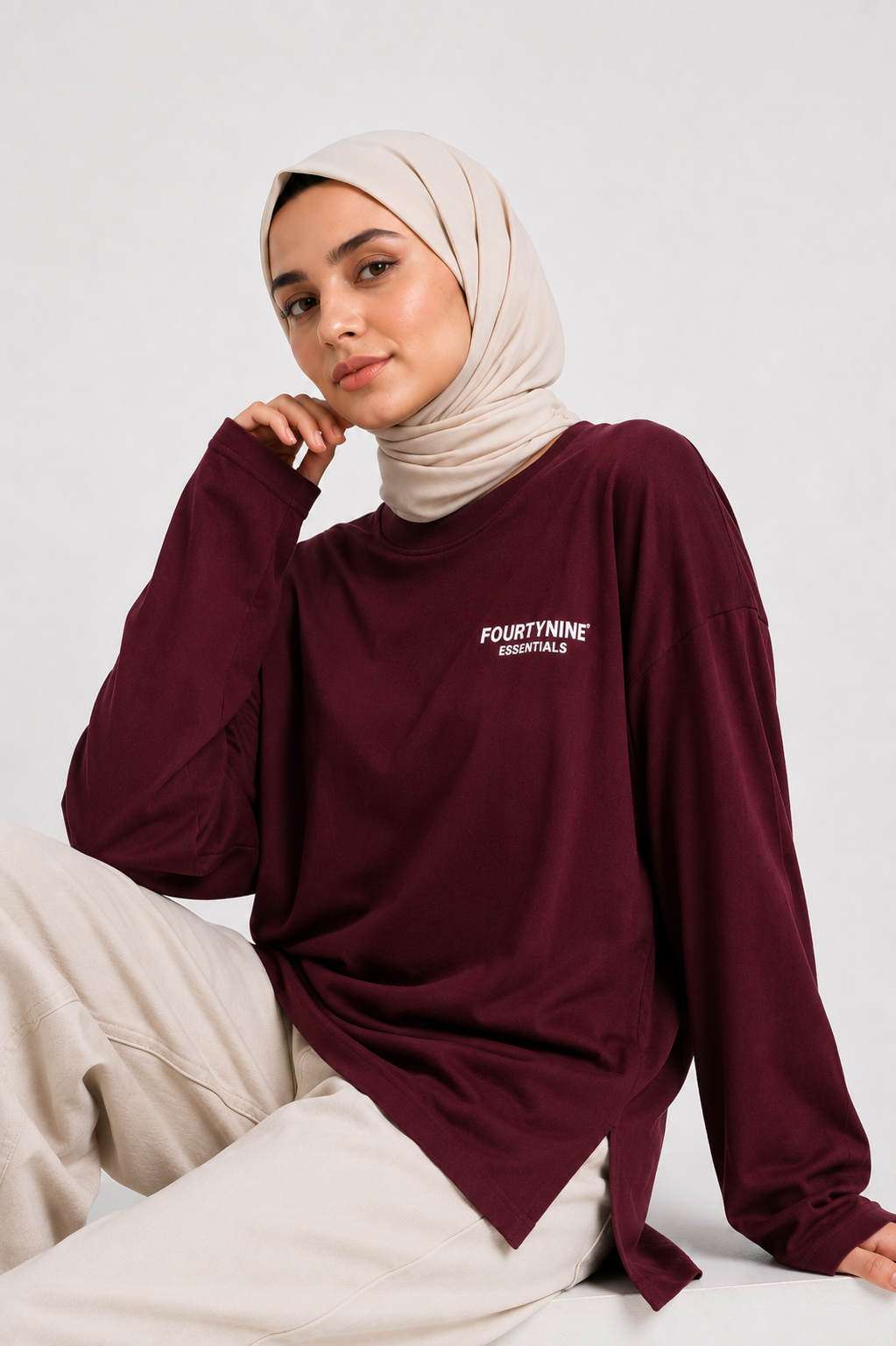 BURGANDY FOURTYNINE ESSENTIALS WOMEN LONG SLEEVE OVERSIZED T-SHIRT