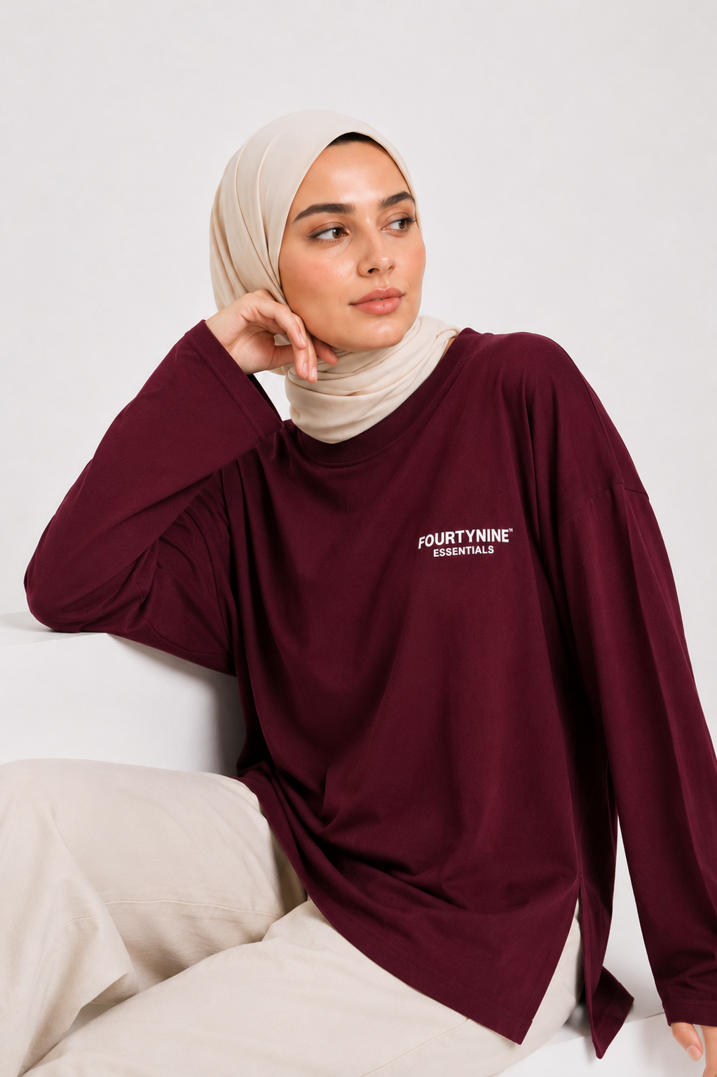 BURGANDY FOURTYNINE ESSENTIALS WOMEN LONG SLEEVE OVERSIZED T-SHIRT